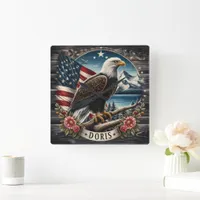 American Bald Eagle Perched by Mountain Lake Square Wall Clock