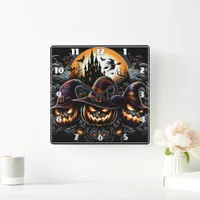 Haunted castle with spooky pumpkins square wall clock