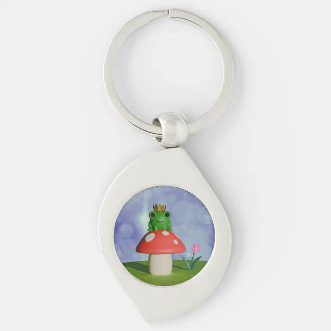 Cute Cartoon Frog Wearing a Crown on a Mushroom Keychain