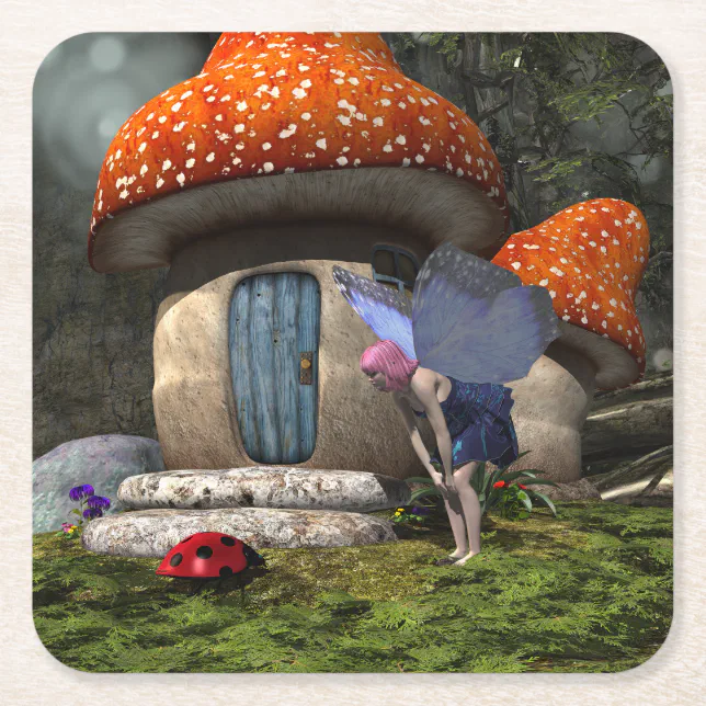 Cute Pink-Haired Fairy Meets Ladybug Square Paper Coaster