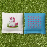 Cute Unicorn Birthday Invitation with Polka Dots Cornhole Bags