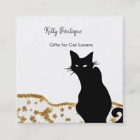 Black Cat Gold Stars Square Business Card