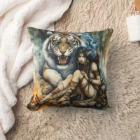 Native American Woman Sitting by a Tiger at Dawn Throw Pillow