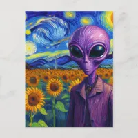 Purple Alien in a Faux Van Gogh Sunflower Field Postcard