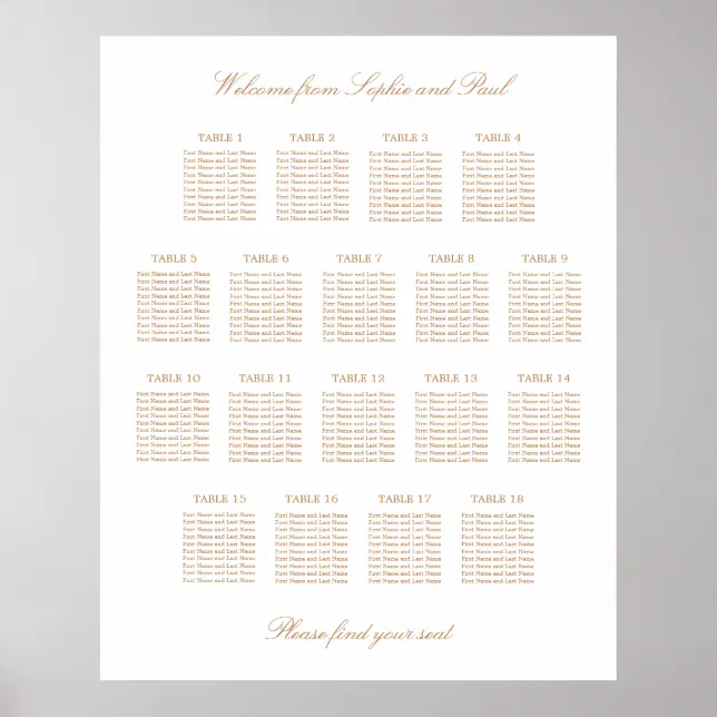 White Golden Beige 18 Table Wedding Seating Chart