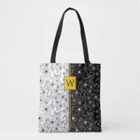 Floral Color Block Pattern Black White & Monogram Tote Bag