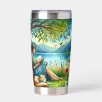 Girl Reading a Book under a Tree with a Sleepy Cat Insulated Tumbler