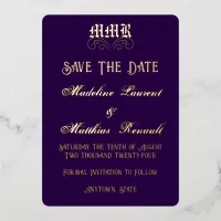 Monogram Elegant Dark Purple & Gold Save the Date Foil Invitation