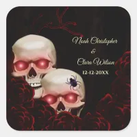 Black red floral dark moody gothic skull halloween square sticker