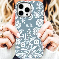 Retro Wildflower Dusty Blue Floral Monogram iPhone 16 Pro Max Case