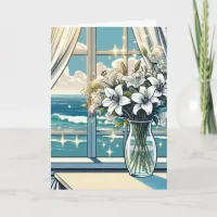 Pretty Ocean View and Vase of Flowers Birthday Card