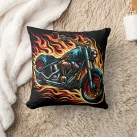 Fiery motorcycle roaring through flames at sunset throw pillow