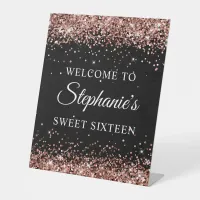 Rose Gold Glitter Black Sweet Sixteen Welcome Pedestal Sign