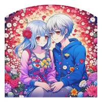 Cute Anime Couple, Flowers and Hearts  Door Sign