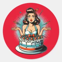 Retro Pinup Birthday Woman and Cake Classic Round Sticker