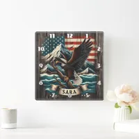 Eagle on Branch With Mountains and Flag Square Wall Clock