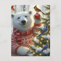 Adorable Christmas Polar Bear and Birds Postcard