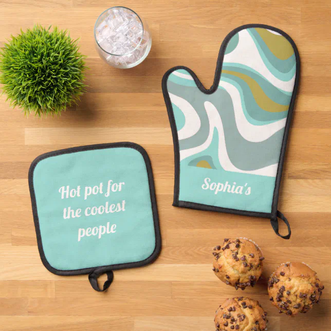 Retro Funky Blue And Golden Color Oven Mitt & Pot Holder Set