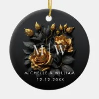 Black Gold Roses Gothic Monogram Wedding  Ceramic Ornament