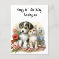 Puppy and Kitten Baby First Birthday Personalized Postcard