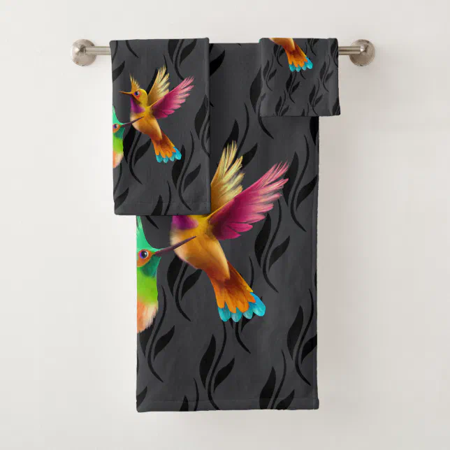 Colorful Crested Hummingbirds in Flight Bath Towel Set