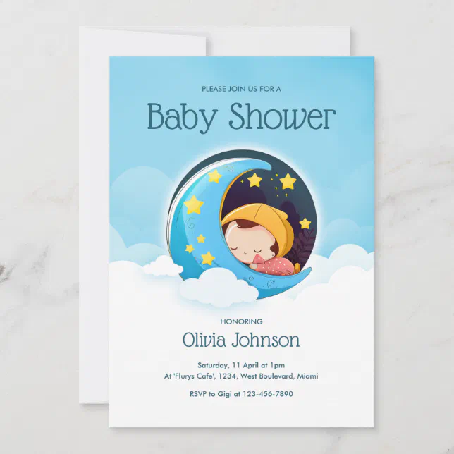 Sleeping baby in the moon | Baby Shower Invitation