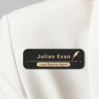 Elegant Black and Gold Notary Public Quill Icon Name Tag