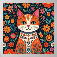 Whimsical Folk Art Cat and Flowers Poster