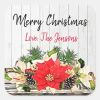 Personalized Merry Christmas Poinsettia Square Sticker