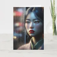 Pretty Asian Woman Watching it Rain Card