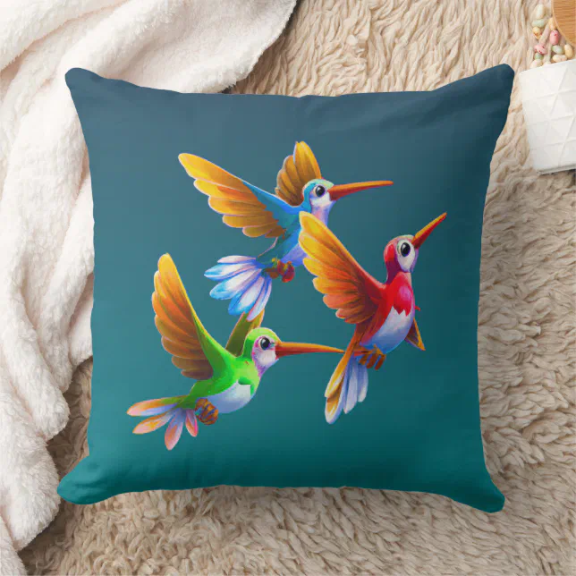 Colorful Hummingbirds in Flight Throw Pillow