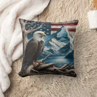 Bald Eagle Perched With American Flag Backdrop Throw Pillow