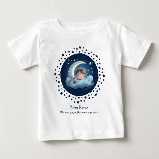 Cute Cartoon Baby Sleeping on Half Moon Cloud Blue Baby T-Shirt