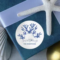 Seas and Greetings Beach Christmas Navy Blue  Classic Round Sticker