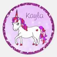 Personalized Purple Rainbow Horned  Unicorn Heart Classic Round Sticker