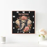 Floral dawn elephant art square wall clock