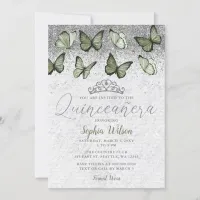 Olive Sage Silver Glitter Butterfly Quincea&#241;era Invitation