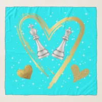 Gold Hearts King and Queen Chess Pieces on Turq | Scarf