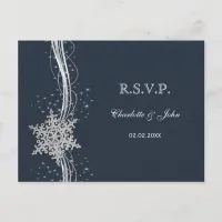 Blue Silver Snowflakes Winter wedding RSVP Invitation Postcard