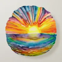 Sunset over  the Water Reflection | Watercolor Art Round Pillow