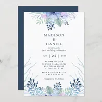 Rustic Winter Floral Navy Blue Watercolor Wedding Invitation