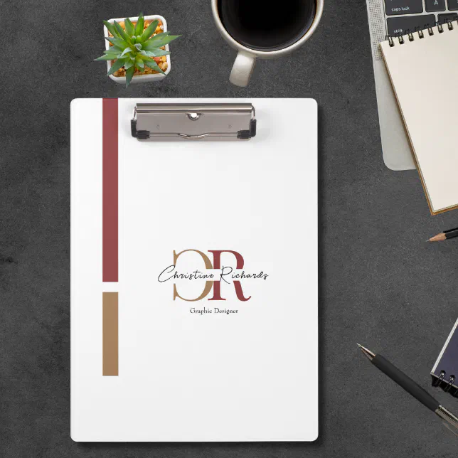 Simple Modern Burgundy Gold Monogram Clipboard