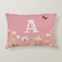 Pretty Colors Watercolor Wildflowers and Monogram Accent Pillow