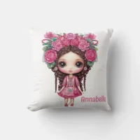 Big Eyed Doll with Pink Flowers Throw Pillow