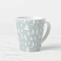 White Sailing Boats and Seabirds on Pale Blue Latte Mug