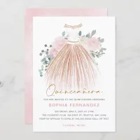 Blush Pink gold glitter Floral Dress Quincea&#241;era Invitation