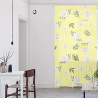 White and Grey Floral Pattern on Yellow Background Sheer Curtains