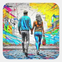 Couple Holding Hands Urban Graffiti Art Square Sticker