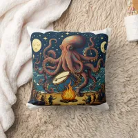 Octopus Playing Drum by Campfire Under Stars Throw Pillow