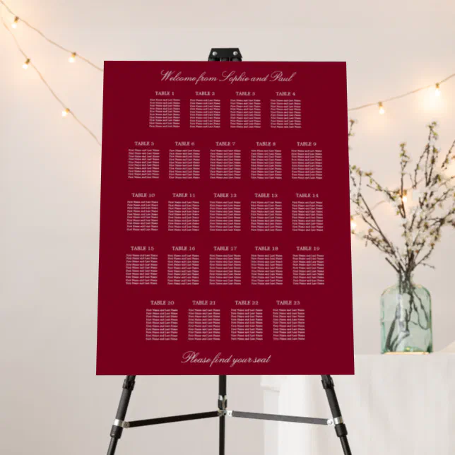 Burgundy 23 Table Wedding Seating Chart Foam Board